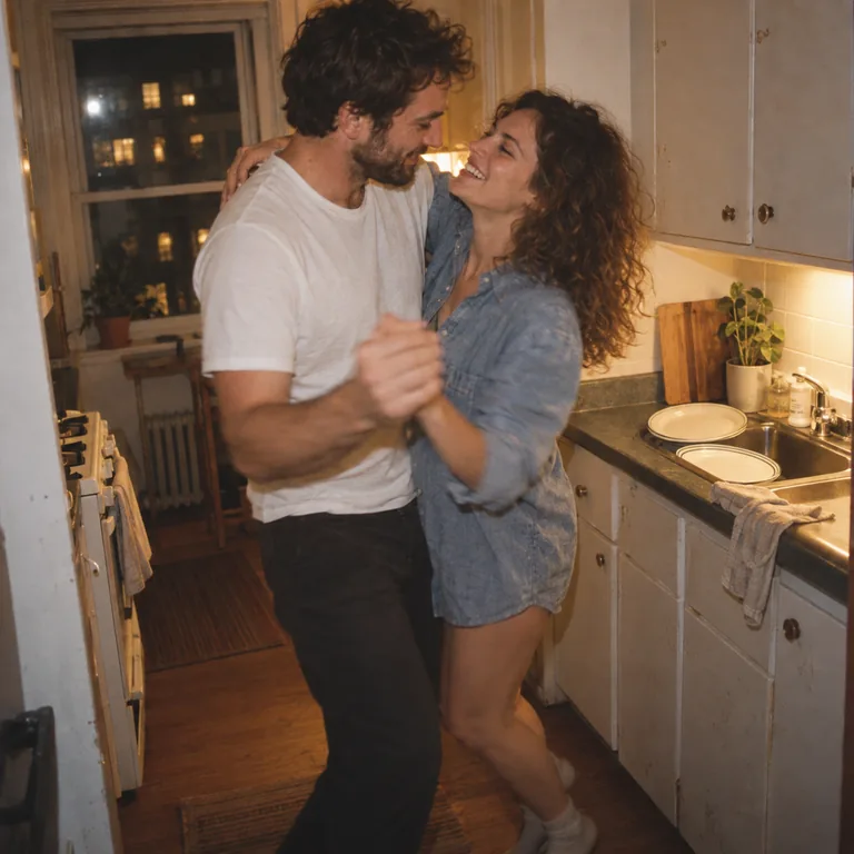 A couple dancing in a small kitchen, illustrative cover for the example song Another Dance in the Kitchen